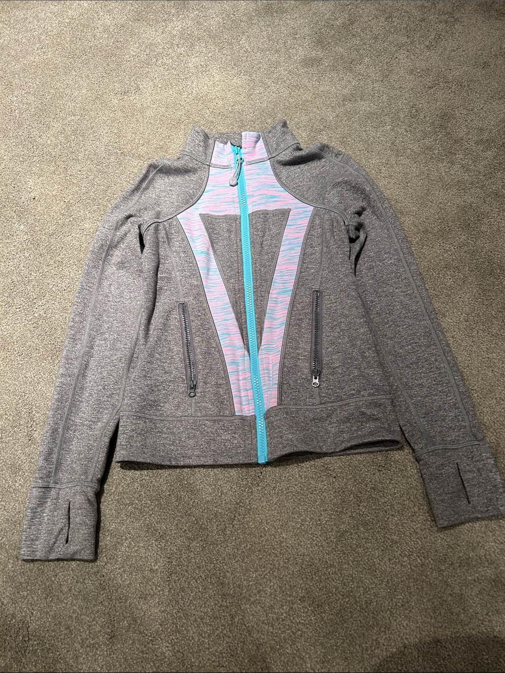 Ivivva Gray Zip Front Hoodie with Aqua and Pastel Pink Accents